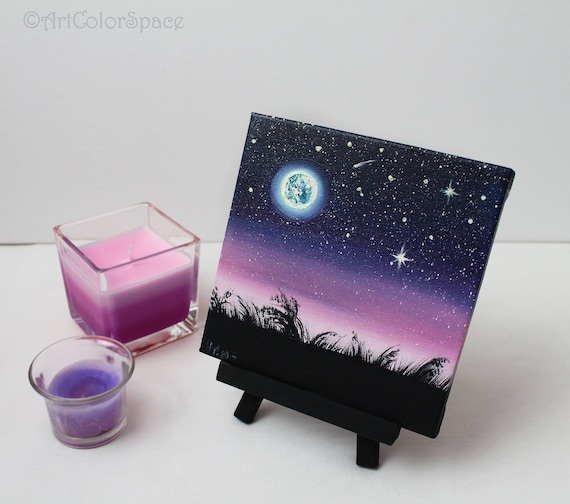 夜空の絵 星空 満月 キャンバスに油絵 月の絵 - Etsy 日本