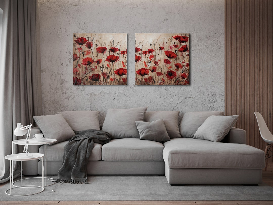 Set of 2 Wall Art Red Poppy Painting on Canvas Flower Painting - Etsy