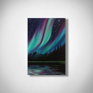 May include: A painting of the aurora borealis, also known as the Northern Lights, over a dark forest and lake. The sky is filled with vibrant green, purple, and blue hues, with a scattering of stars. The forest is silhouetted against the colorful sky, and the lake reflects the light of the aurora.
