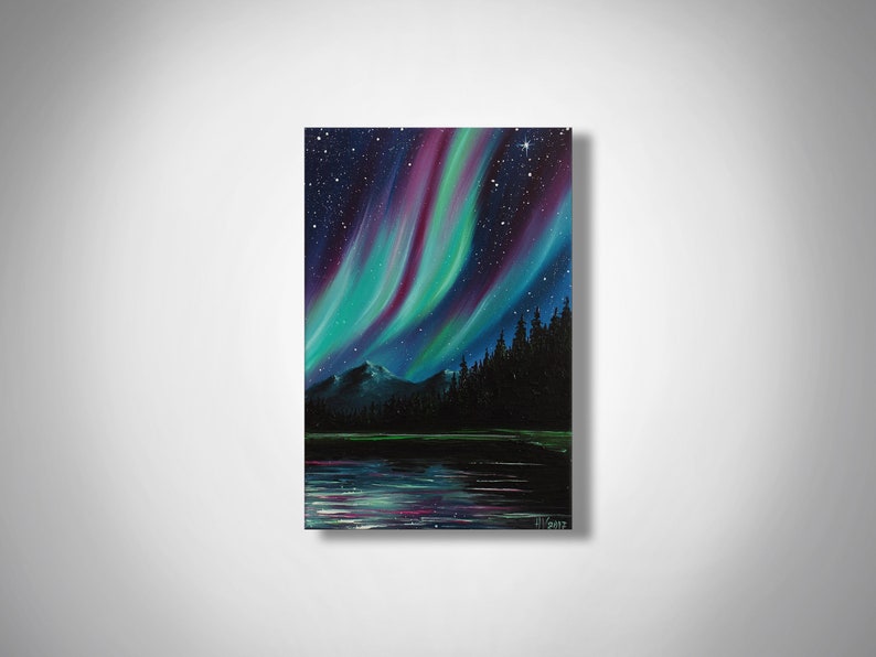 May include: A painting of the aurora borealis, also known as the Northern Lights, over a dark forest and lake. The sky is filled with vibrant green, purple, and blue hues, with a scattering of stars. The forest is silhouetted against the colorful sky, and the lake reflects the light of the aurora.