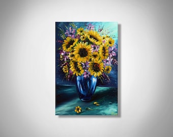 Sunflower Oil Painting on Canvas, Floral Still Life Art (24x16")