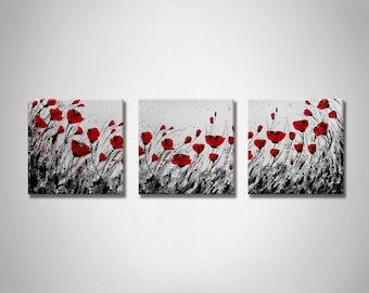 Set of 3 paintings Red poppies acrylic painting on canvas Flowers wall art