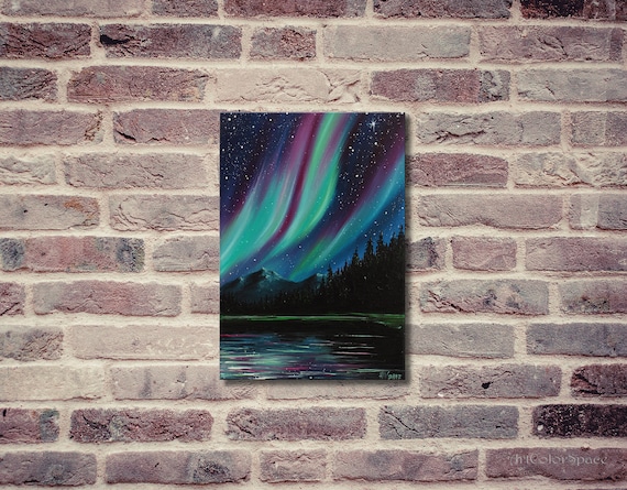 Canada Northern lights art Aurora borealis Mountain painting Celestial art