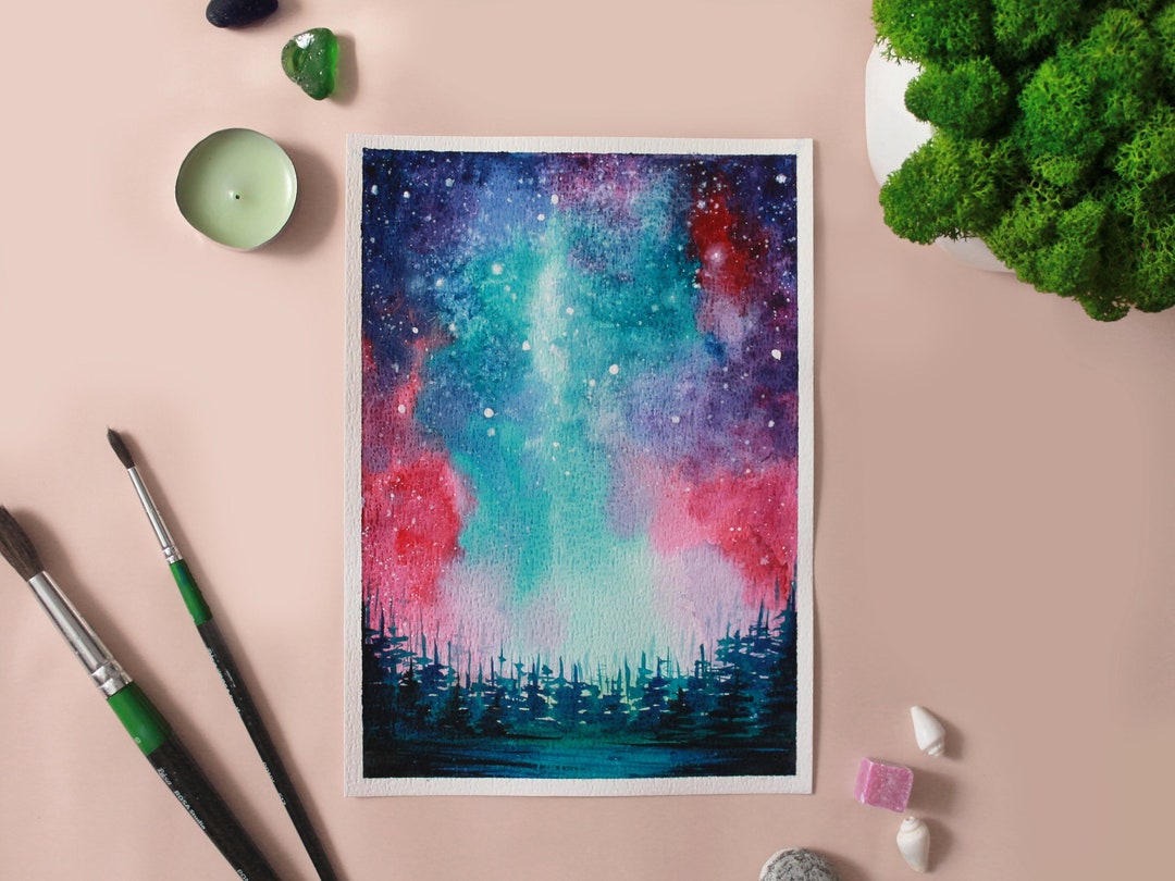 Watercolor Galaxy Milky Way Starry Night Sky Original Watercolor ...