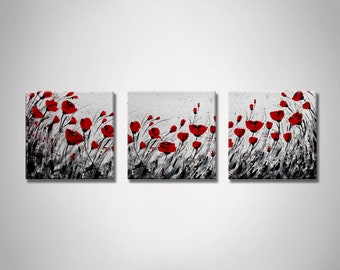 Red poppies Set of 3 paintings Red flowers painting on canvas Poppy wall art