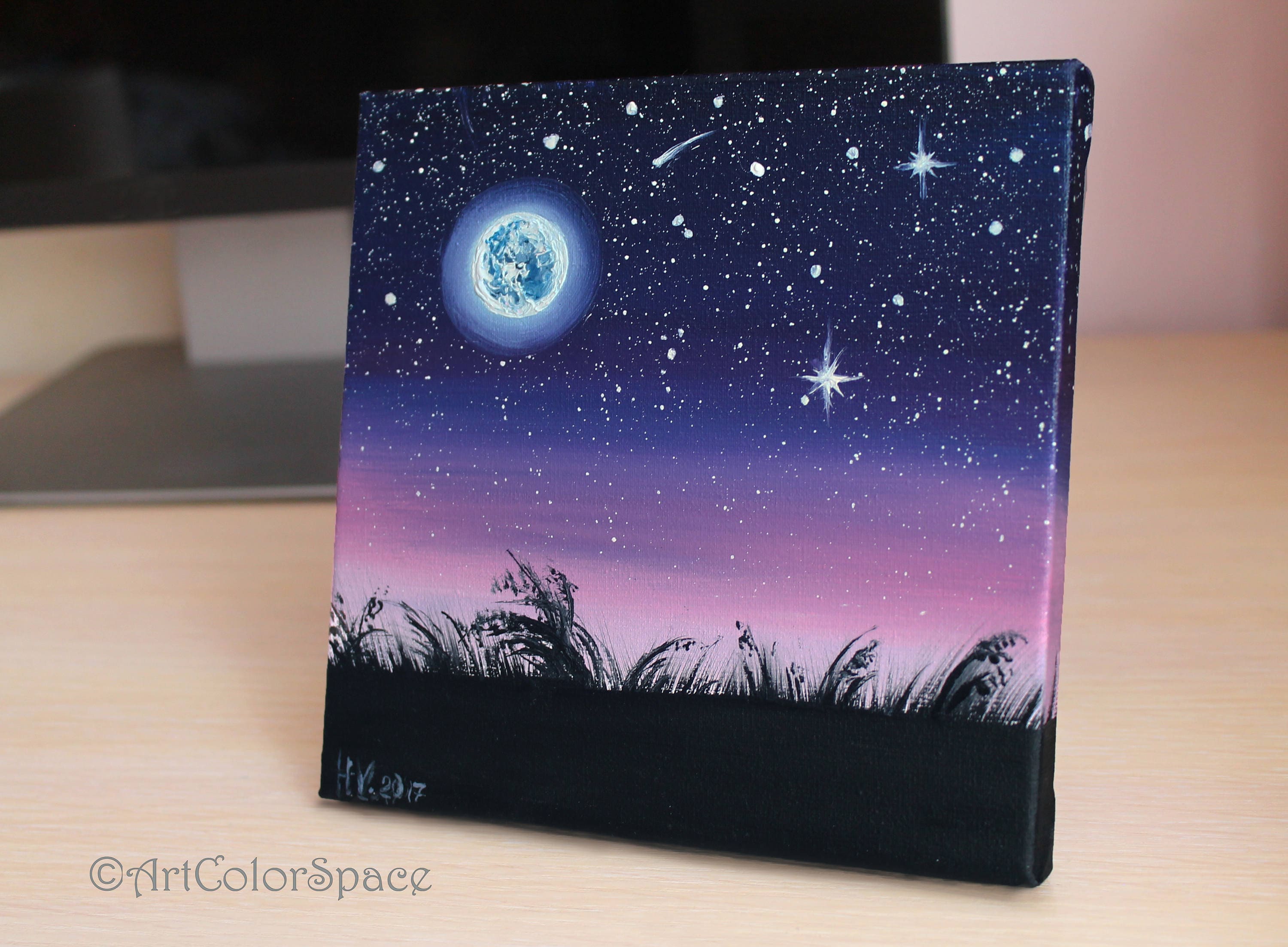油絵 絵画【満月の夜空】 満月の夜空】油絵/絵画/油彩/油彩画/絵/インテリア | Pay ID