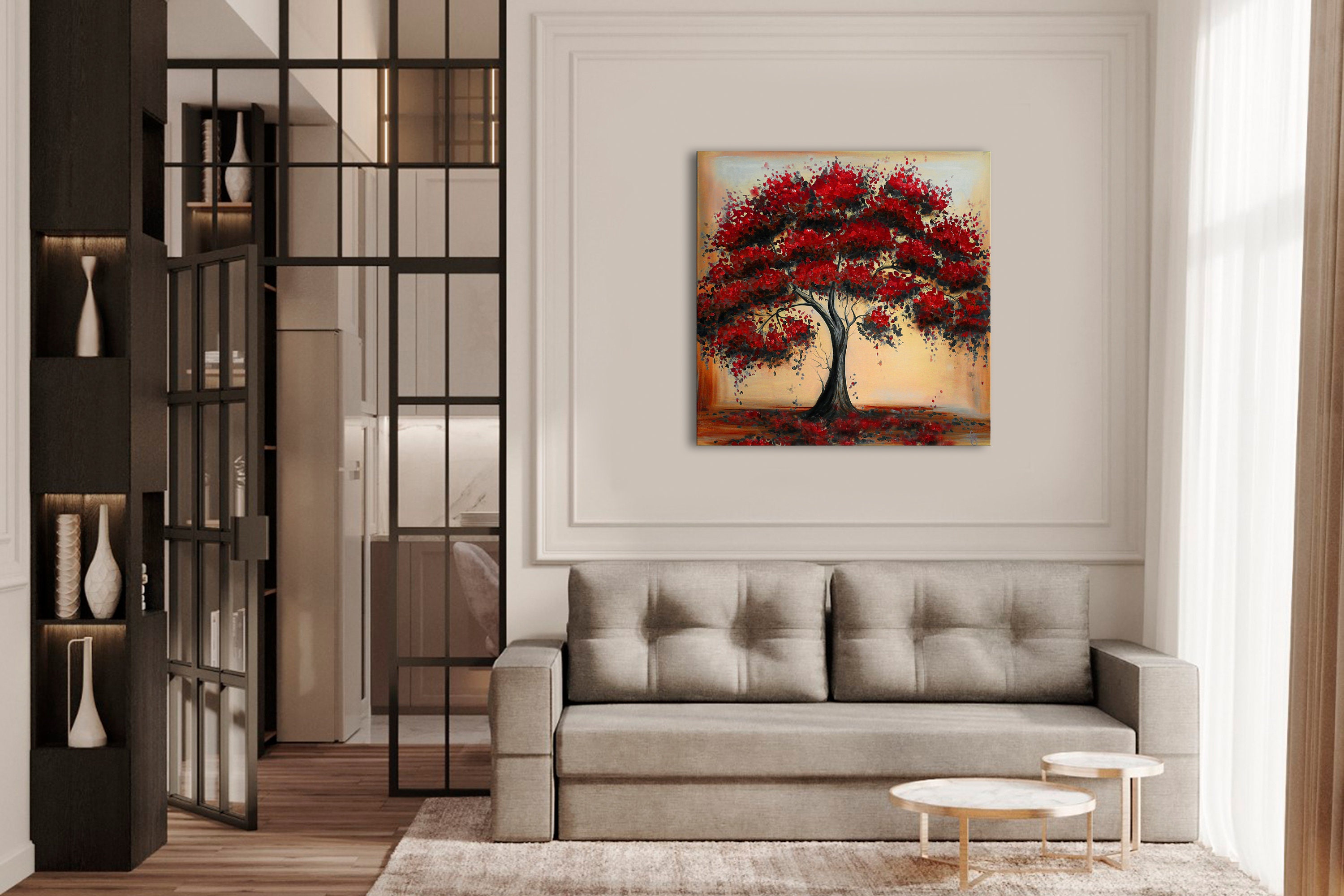 Red Tree Painting on Canvas Tree Wall Art Living Room Autumn Etsy
