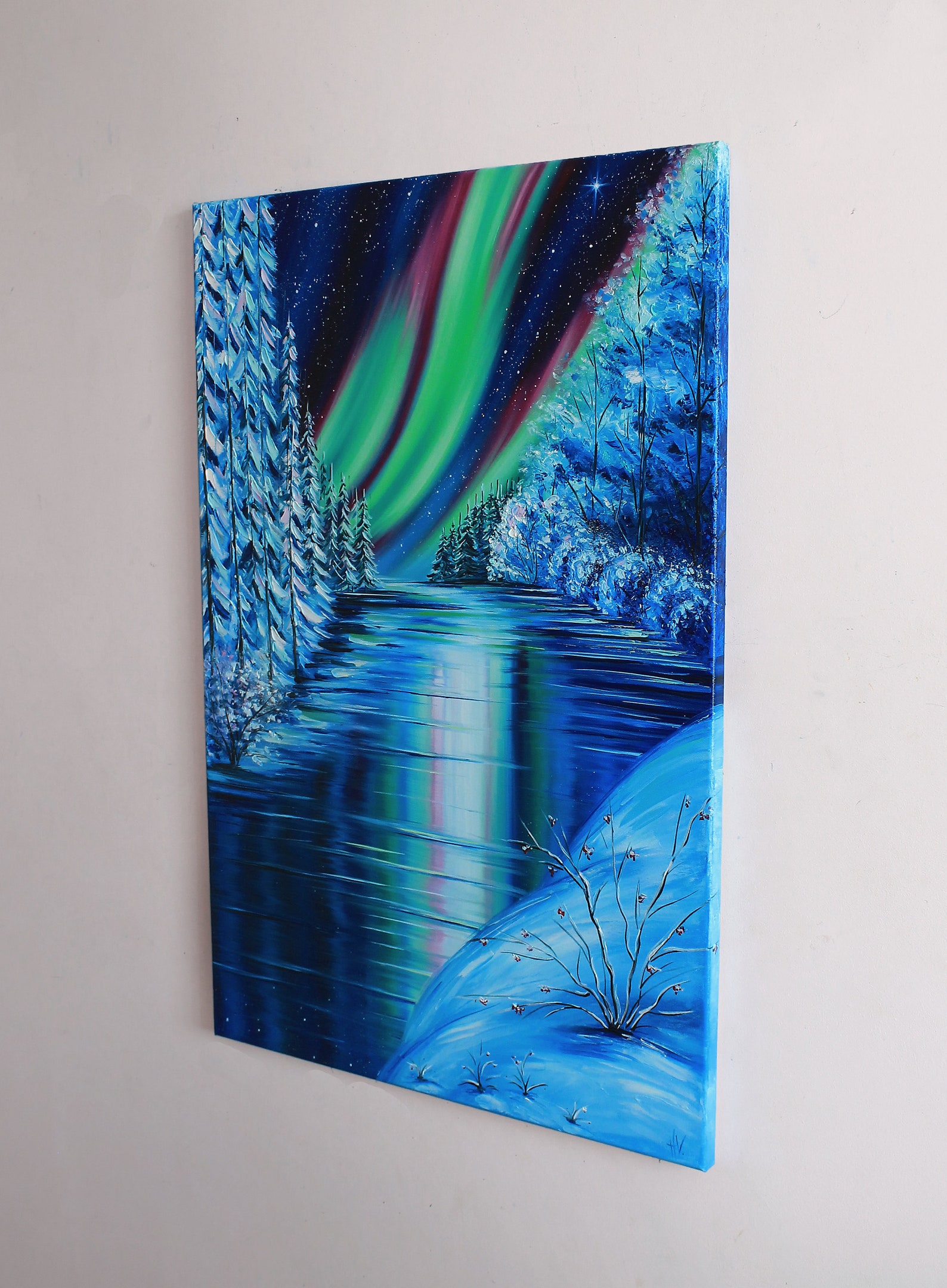 Winter Forest Wall Art Northern Lights Oil Painting on Canvas Etsy