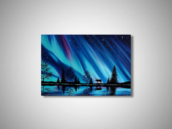 Alaska northern lights art Deer Aurora borealis Oil painting on canvas