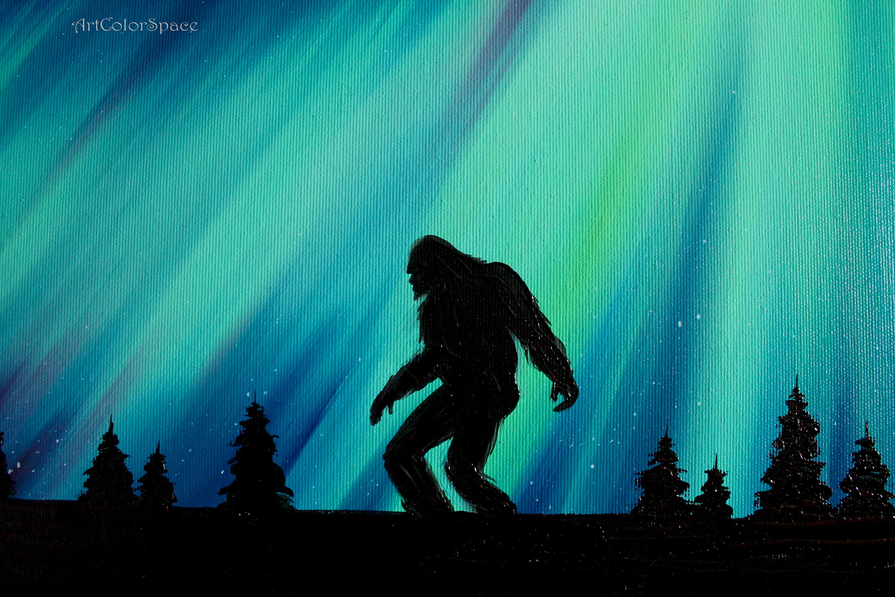 Northern lights Oil painting on canvas BigFoot Nighttime Etsy