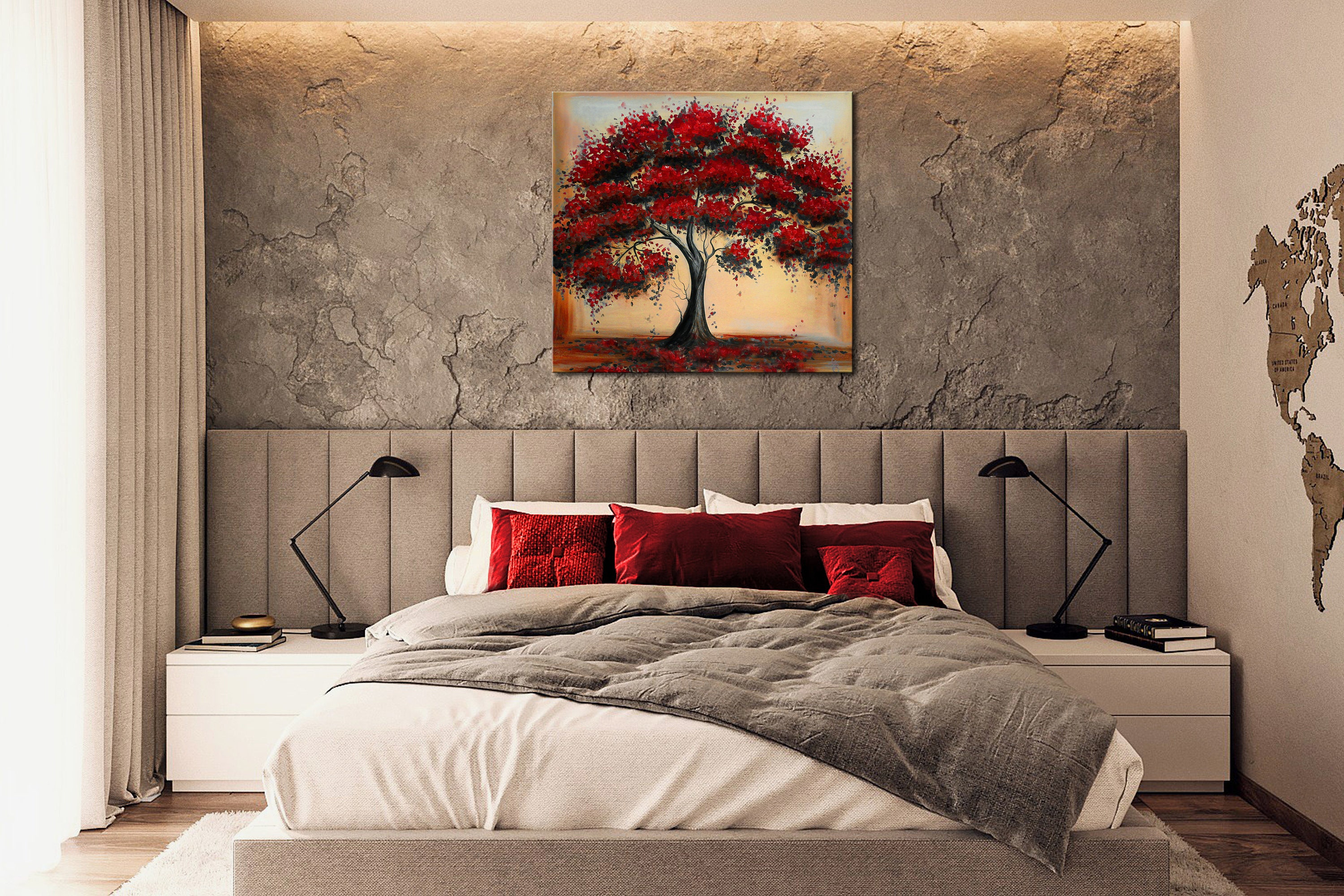Red Tree Painting on Canvas Tree Wall Art Living Room Autumn Etsy