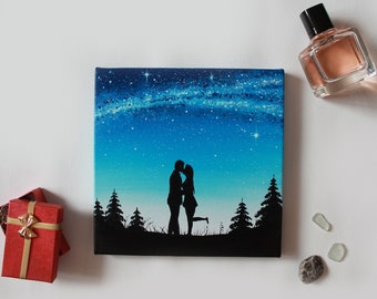 Small painting Milky Way Love painting Kiss Oil painting on canvas Galaxy painting