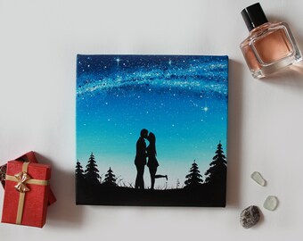 Pintura de amor na Via Láctea, Beijo sob a Galáxia, Óleo original sobre tela, 8x8