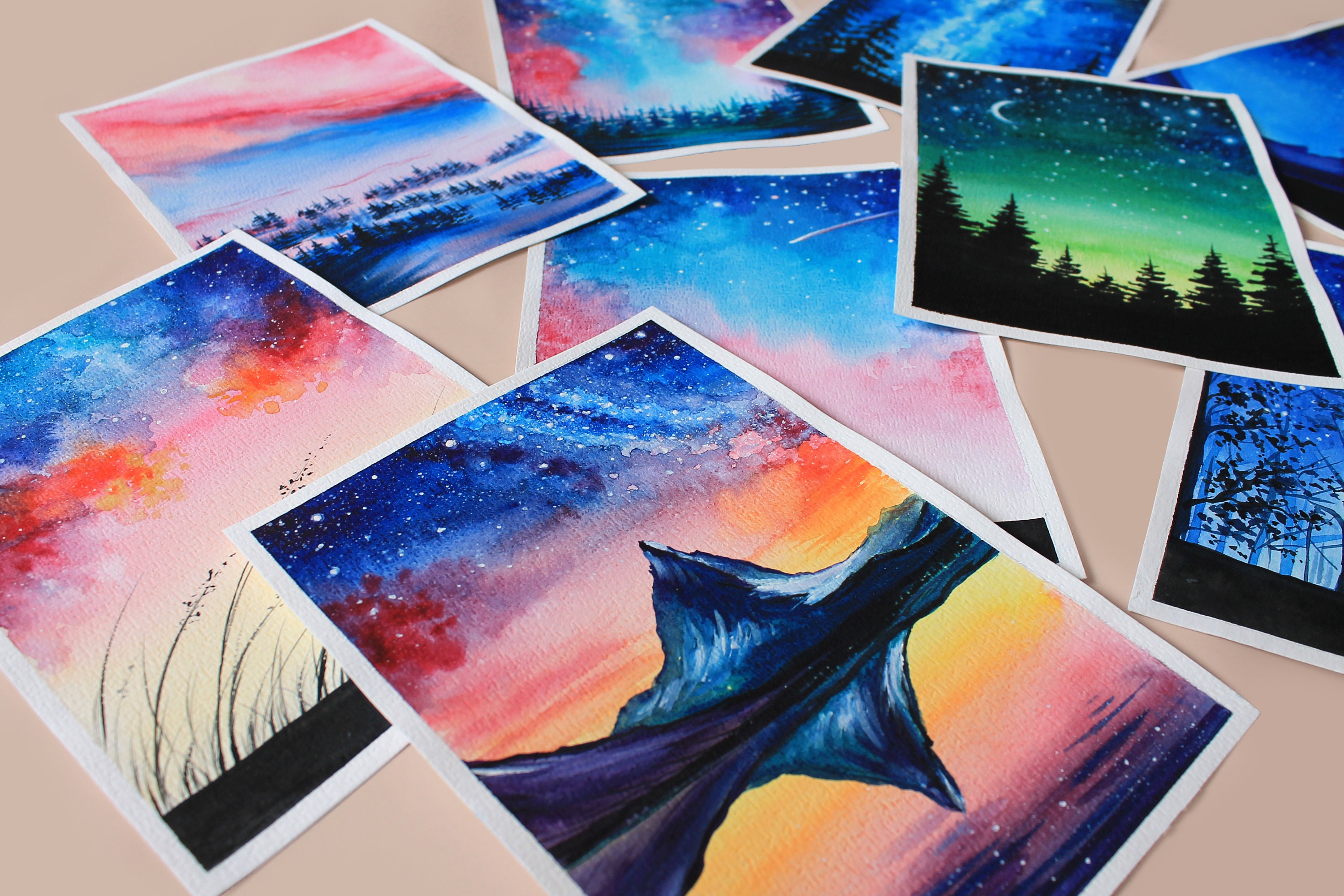 水彩画の夜空、緑の森の風景の壁アート - Etsy 日本