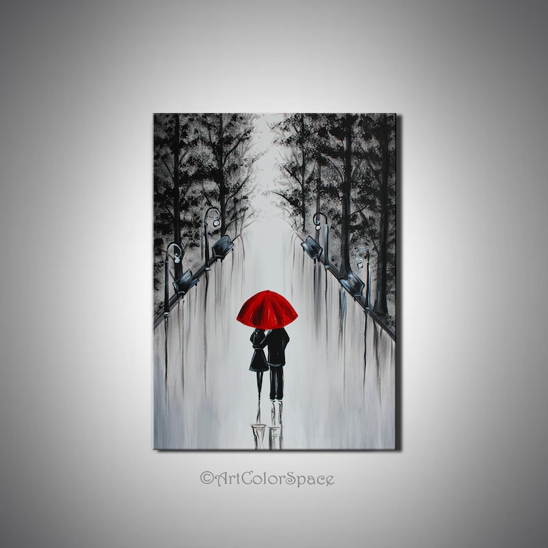 Red umbrella art Love couple painting on canvas Couple art Etsy