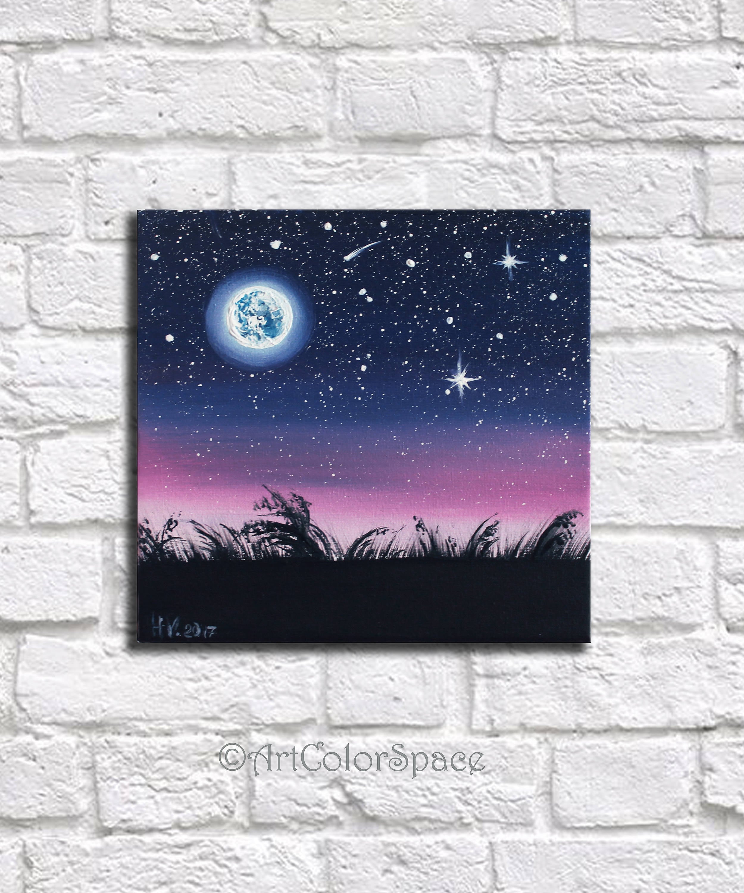夜空の絵 星空 満月 キャンバスに油絵 月の絵 - Etsy 日本