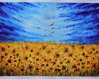 Wheat fields in Ukraine Freedom Wildflowers watercolor painting