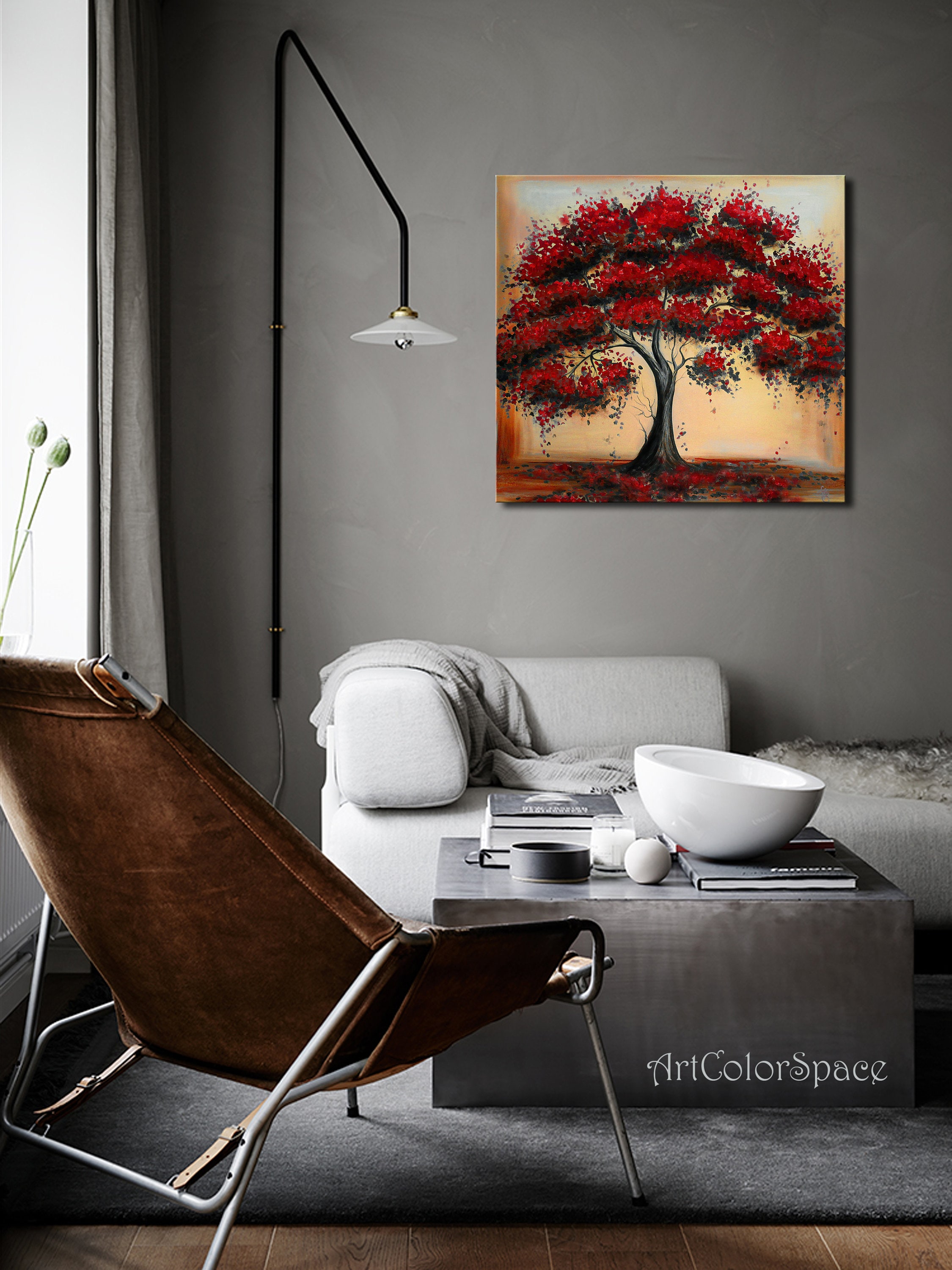 Red Tree Painting on Canvas Tree Wall Art Living Room Autumn Etsy