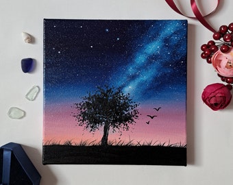 Árbol de la Vía Láctea pintura al óleo sobre lienzo Pintura de galaxia Regalo romántico