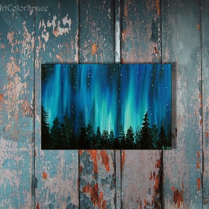 Aurora borealis Small Oil painting on canvas Night sky Northern lights painting