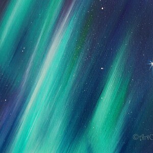 May include: A painting of the aurora borealis, also known as the Northern Lights, with a bright star in the upper right corner. The aurora is depicted in shades of green and blue against a dark blue night sky.