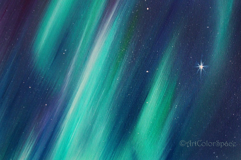 May include: A painting of the aurora borealis, also known as the Northern Lights, with a bright star in the upper right corner. The aurora is depicted in shades of green and blue against a dark blue night sky.