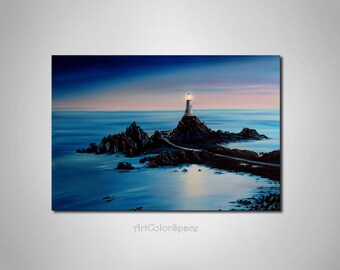 Lighthouse Sunset Ocean View Oil Painting on Canvas, 24x36"