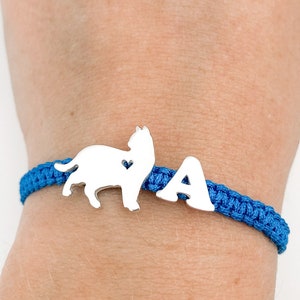 Silver cat bracelet, cat silhouette bracelet with initial, little cat bracelet, cute kitty bracelet, cat memorial, cat walking silhouette