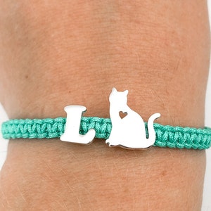 Silver cat bracelet, kitty bracelet, cat silhouette silver bracelet, cat with initial, pet memorial, custom cat bracelet, gift cat lover