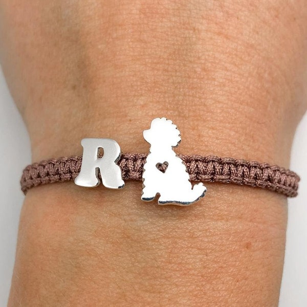 Silver poodle dog bracelet, poodle puppy sitting silhouette, gift for mom poodle, sterling silver handmade dog bracelet, poodle memorial