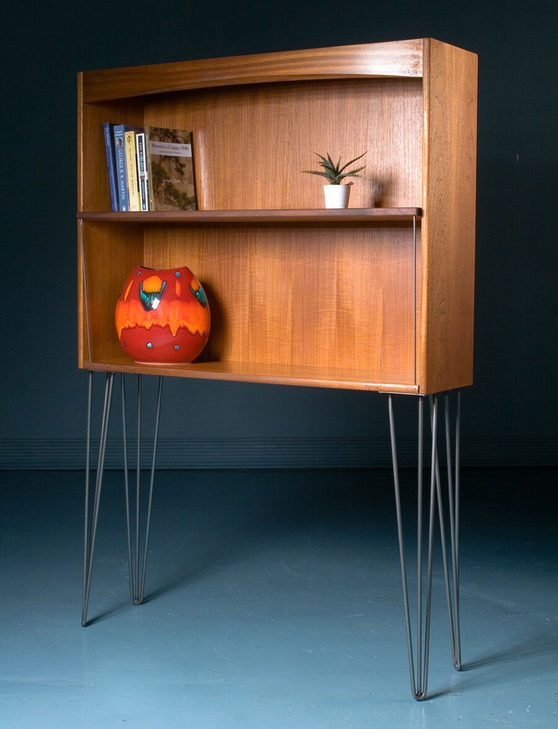 Vintage Nathan Mid Century Retro Teak Bookcase Display Cabinet on Hairpin Legs Industrial image 1