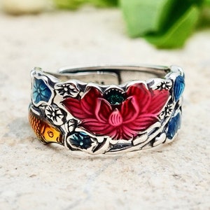 Lotus Ring, Hollow Out Statement Thumb Ring, Sterling Silver Colorful Flower Ring, Enamel Ring, Adjustable Wide Band Ring
