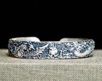Pulsera tipo brazalete de plata de ley con dragón y fénix, brazalete para hombre, joyería unisex, regalo para él o hijo.
