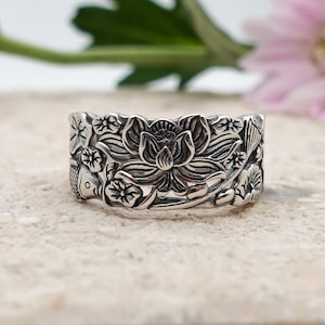 Lotus-Ring, Sterling Silber Blumenring, verstellbarer Ring breites Band, Lotus-Schmuck