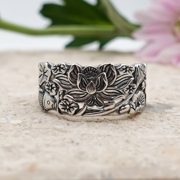 Lotus Ring, 925 Sterling Silver Flower Ring, Jewelry Gift for Her