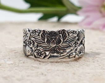 Lotus Ring, Sterling Silver Flower Ring, Adjustable Ring Wide Band, Lotus Jewelry