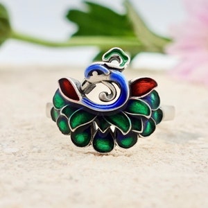 Peacock Ring , Sterling Silver Enamel Ring, Adjustable ring, Multi Color Peacock Jewelry, Bird Ring, Promise Ring