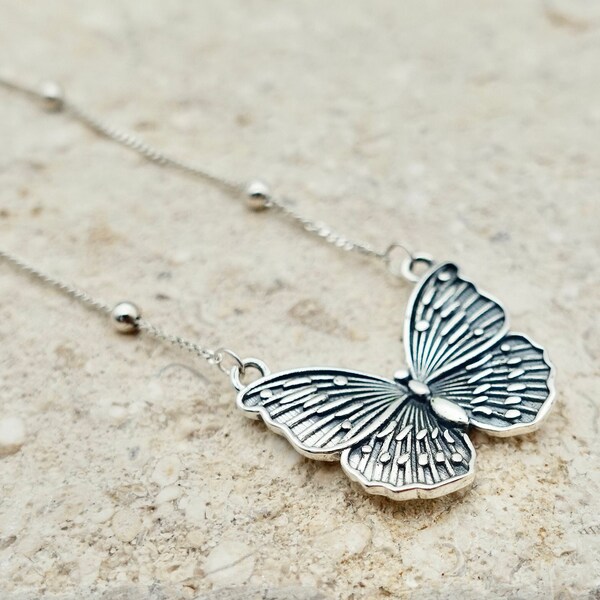 Sterling Silver Butterfly Pendant Necklace, Boho Antique Jewelry