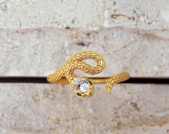 Gold Snake Ring Adjustable Sterling Silver. CZ Diamond Serpent. Promise Ring Gift for Her