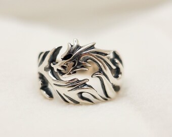 Sterling Silver Dragon Ring, Mens Gothic Rragon Ring, Adjustable Mythical Creature Ring, Fantasy-themed Ring