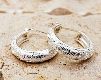 925 Sterling Silver Vintage Engraved Hoop Earrings, Medium Floral Hoops Gift for Her