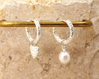 Sterling Silver Mismatched Huggie Hoops, Removable Pearl Charm Earrings, Jewelry Gift for Her