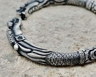 Pulsera tipo brazalete con doble cabeza de dragón de plata de ley, plata fina 999.