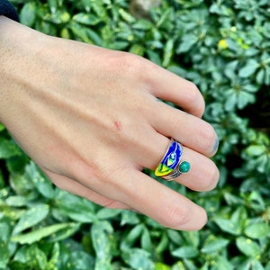 Sterling silver peacock statement ring with malachite , enamel ring, feather ring, nature ring, adjustable ring, peacock jewelry, bird ring