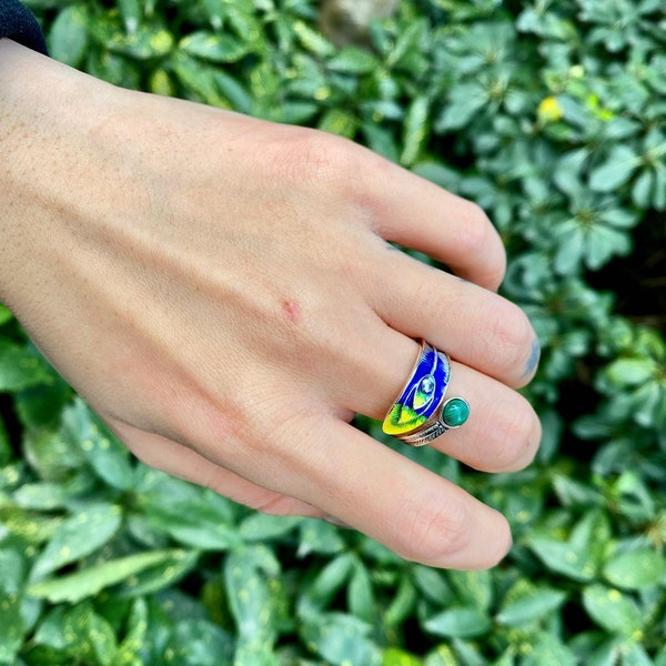 Sterling silver peacock statement ring with malachite , enamel ring, feather ring, nature ring, adjustable ring, peacock jewelry, bird ring