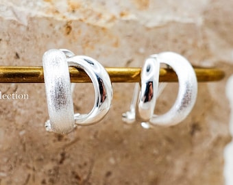 925 Sterling Silver Double Hoop Earrings, Mixed Texture Design Jewelry Gift for Her