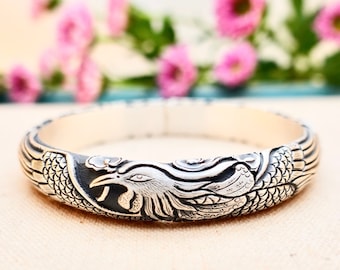 Sterling Silver Phoenix Cuff Bracelet, Peony Floral Bangle, Rebirth Jewelry
