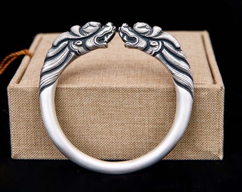 Bracelet manchette dragon en argent sterling, jonc double tête de dragon, bracelet manchette pour homme, bijoux pour amoureux des dragons, cadeau pour lui et elle