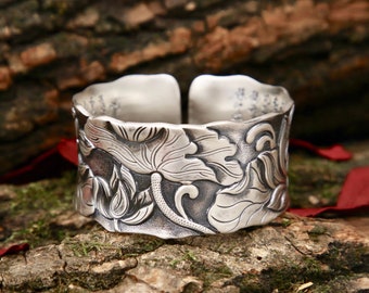 Sterling Silver Cuff Bracelet, Lotus Meditation Fine Jewelry Women Men, Mindfulness Wide Bangle, Protect Spiritual Gift for Her Him Mom Wife