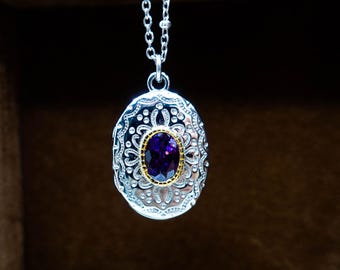 Sterling Silver Amethyst Locket Necklace. Vintage Photo Locket. Jewelry Gift for Mom Her Sis